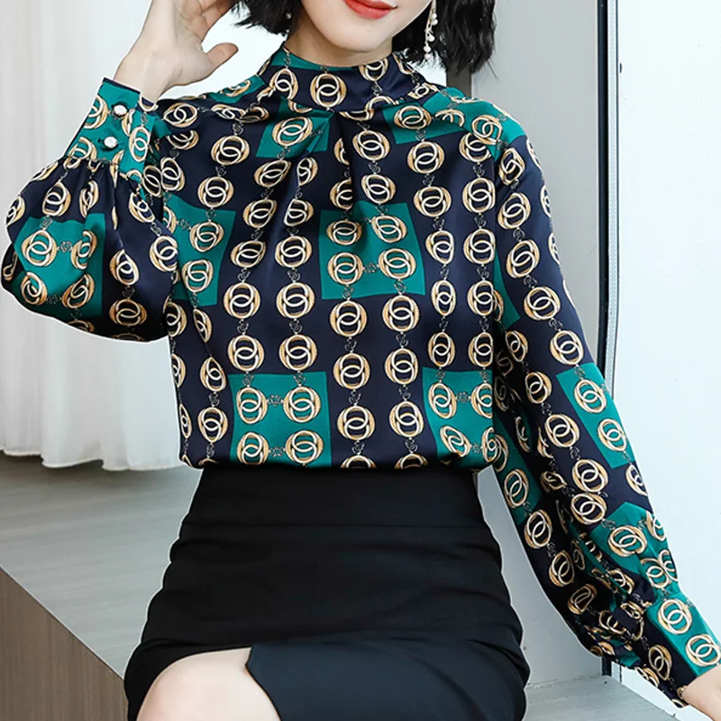 Весенняя винтажная стильная женская офисная блуза со стоячим верхом с длинным рукавом, модная женская блузка 2376 50