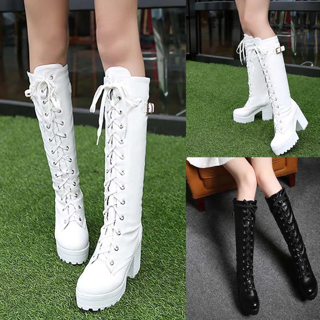 Белые ботинки обувь cos ботинки на шнуровке женские ботинки на платформе и толстом каблуке, большие размеры высокие ботинки на шнуровке женская обувь,# YL5