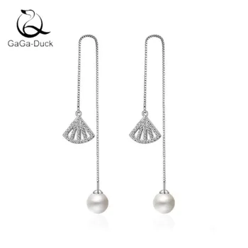 

New Creative Temperament 925 Sterling Silver Fashion Jewelry Simple Pearl Long Fan-shaped Crystal Gift Dangle Earrings E387