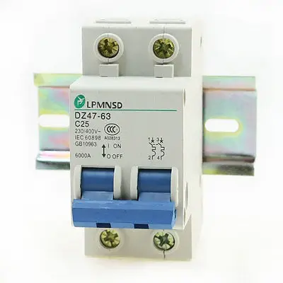 

230/400V 25A DZ47-63 Dual Phase 6000A Overload Circuit Breaker w Lead Rail