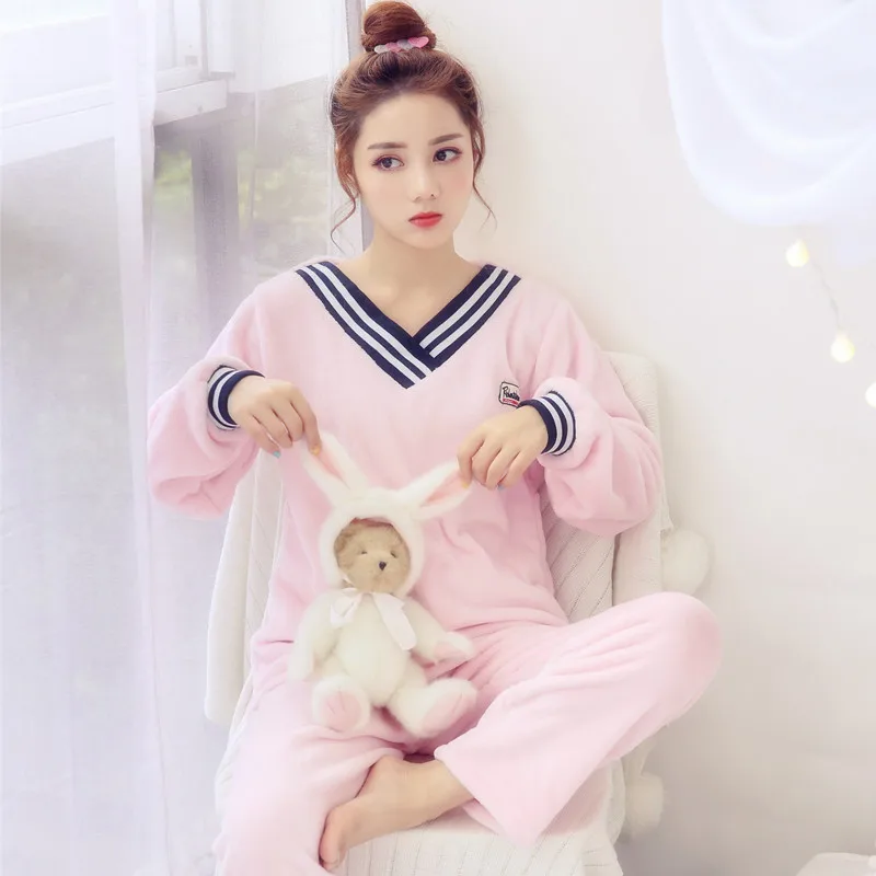 

[Temperature Attitude Warm] Autumn & Winter Pajamas Women's Flannel 923 # V-neck Two-color Cartoon Long Sleeve Tracksuit-Outer W
