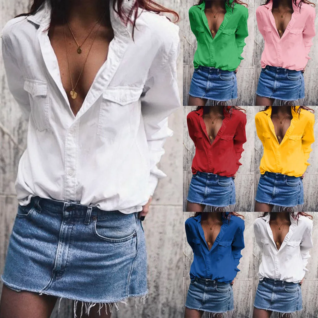 

Autumn New Fashion Women Casual Solid Long Sleeve Turn Down Collar Pockets Button Front Shirt Tops Free Ship рубашка женская Z4