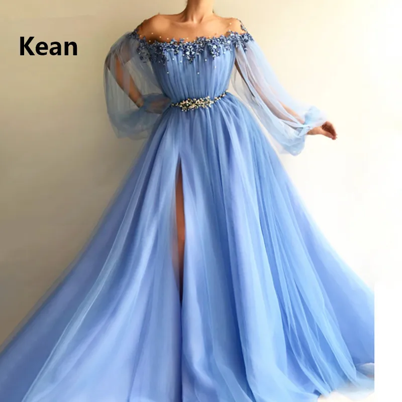 Синее вечернее платье с открытыми плечами, длинный рукав, с разрезом, vestido de festa, исламский Дубай, кафтан, саудовская Арабская вечеринка, платье для выпускного вечера