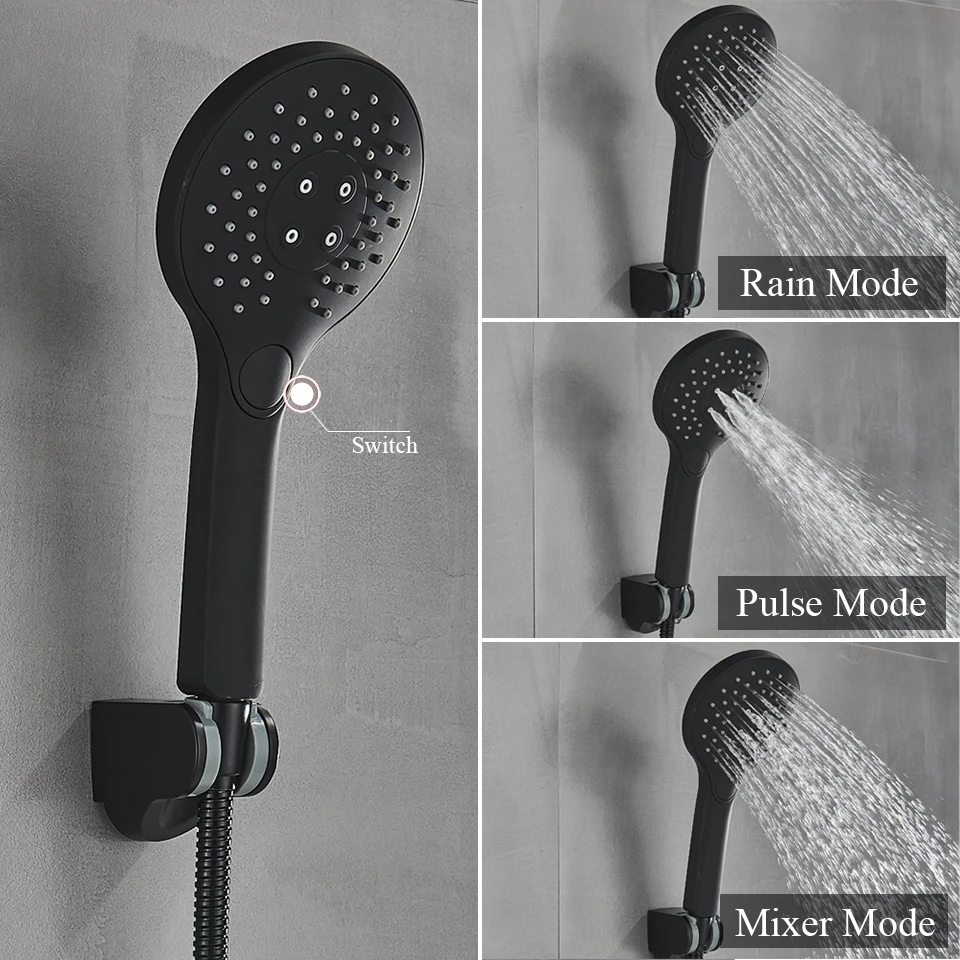 Matte Black Bathroom Shower Faucet Bath Faucet Mixer Tap ABS Hand Shower Set Wall Mount Black Shower Control Valve Taps 2