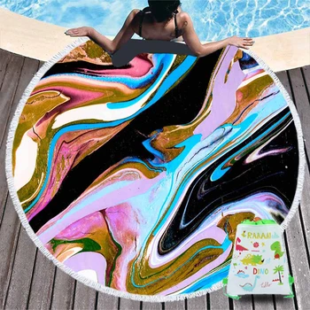 

Fantasy Marble Pattern Microfiber Round Beach Towel With Drawstring Backpack Bag Colorful Quicksand Blanket Swimming Bath Towels