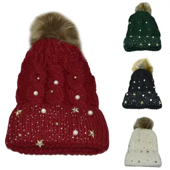 

New winter wool knitted hat Fashion Pearl Knitted Hat Girls Female Beanie Cap Pompom Winter Hats for Women