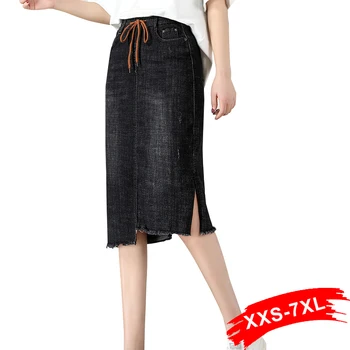 

Plus Size Side Split Elastic Drawing Waist Black Knee Length Slit Jeans Skirts 5Xl 7Xl Summer Casual Midi Denim Skirts Mom Jean