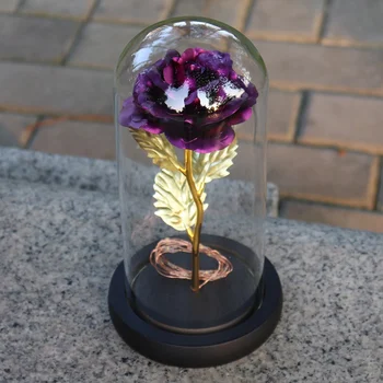 

Artificial Gold Foil Rose Flower and LED Light String In Glass Dome On Wooden Base The Best Gift For Women