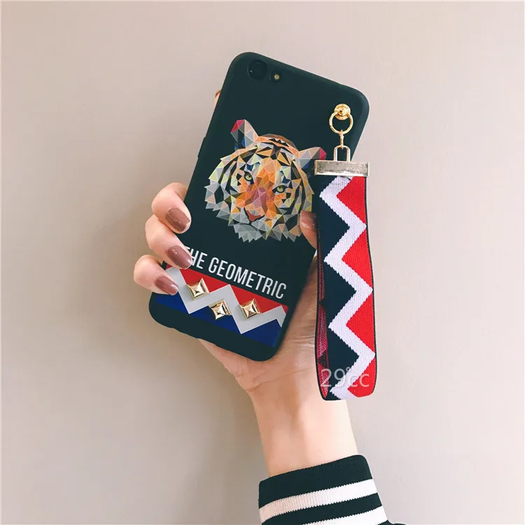 

For Apple IPhone 7 Case for IPhone8 6G 6S PLus Soft TPU Cover Lovers 3D Europe Animal Tiger & Rabbit Stud Rivet Wrist Strap Case