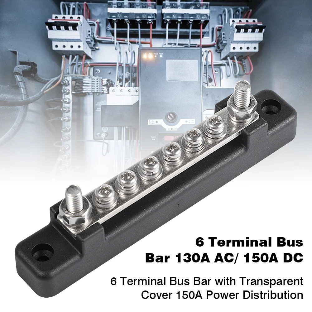 6 Terminal BusBar With Transparent Cover 130A AC/ 150A DC Power Distribution For Car Boat Marine Caravan RV XF-BB001C-6P