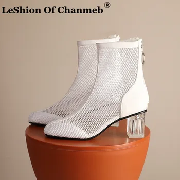 

Large Size 48 Net Boots Women Spring Summer Ankle Boots Ladies Woman Clear Heels White Booties Zipper Shoes Female Botas Mujer
