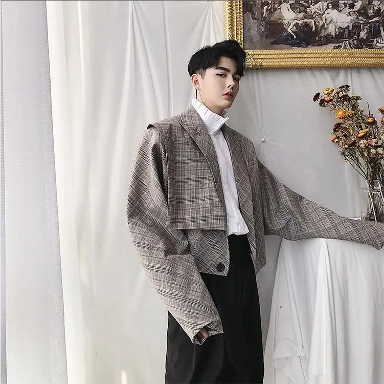 SHENGYUJIN M~ 2XL! Осенняя дизайнерская Ретро решетка силуэт шикарный маленький костюм уличная мода Мужская короткая куртка, костюм
