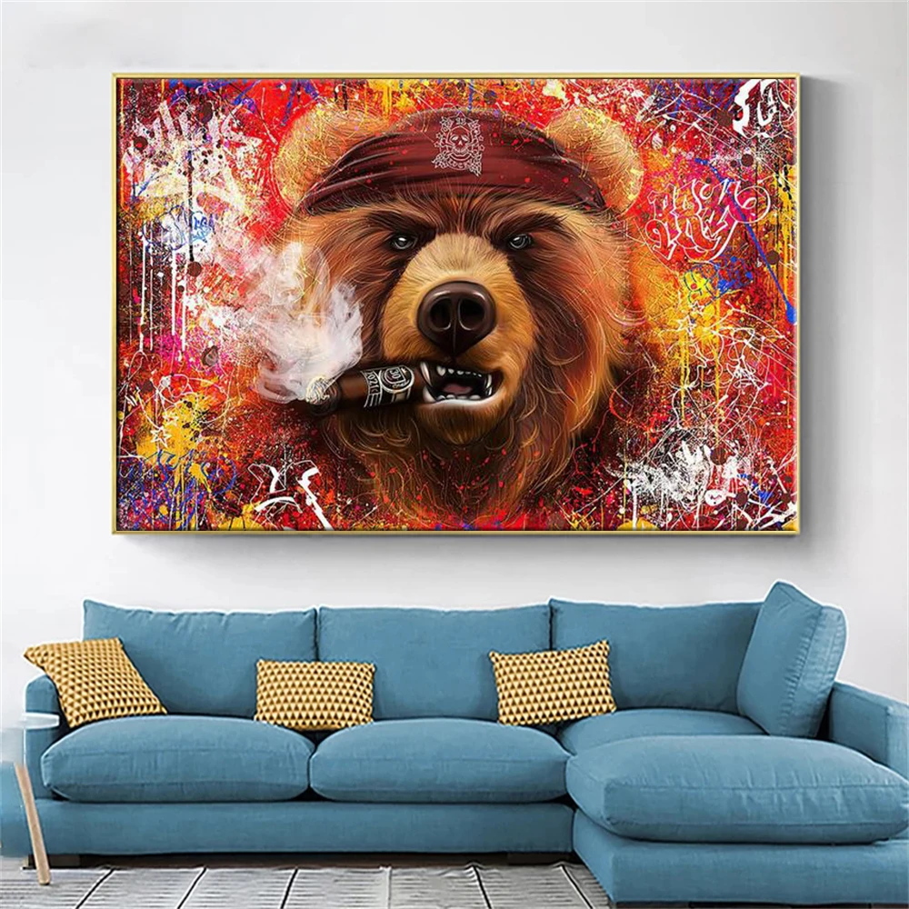 

Smoking Bear Funny Graffiti Animal Decoration Home Art Poster Painting on Canvas Print Wall Picture for Living Room Cuadro