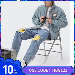 Pantalones vaqueros de pierna recta desgastados para hombre, ropa de calle de Hip Hop con agujeros azules, de cintura media, Harajuku, con estampado de Smiley, otoño de 2021