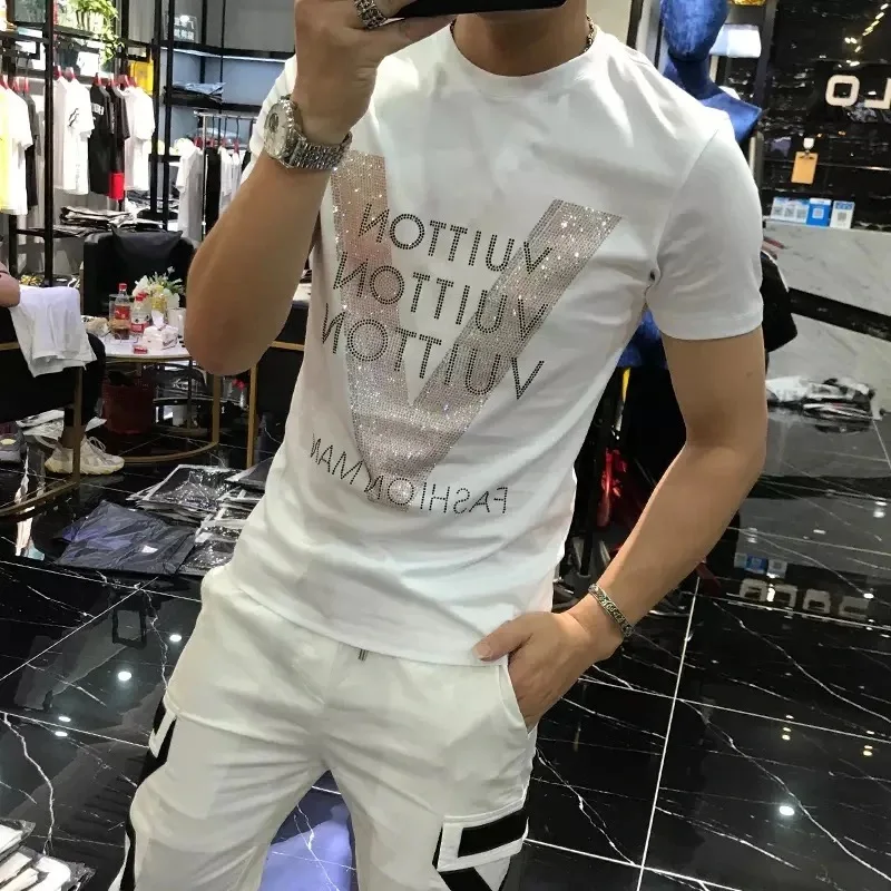 Spring Men's T-shirt Rhinestone New Trend Comfortable Casual TeesO Collar  Fashion Letter Style Short Sleeve High Quality