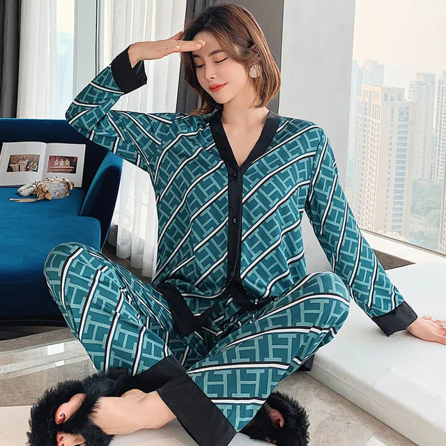 2pcs Women's Pajamas Sets Woman Pajama Summer V Neck Design Suit Long Sleeve Trousers Set Home Clothes Sexy Satin Silk Pijamas 5