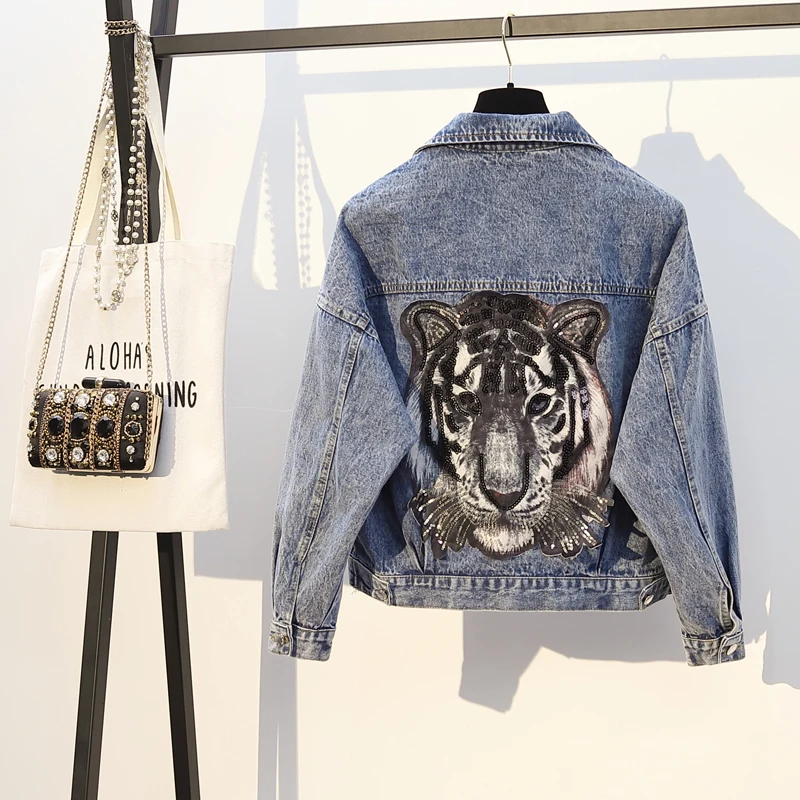

Jvcake Plus Size Women's Denim Jacket Women's Clothing 2020 Autumn New Women's Short Tiger Embroidery Pocket Fashion Women Coat