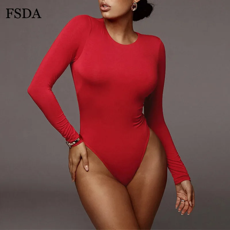 FSDA, круглый вырез, длинный рукав, сплошной белый, сексуальный, боди, женский, черный, осень, зима, боди, топ, серый, Повседневный, для девушек, уличная одежда, боди - Цвет: Красный