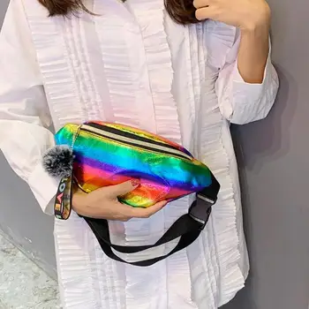 

Fashion Colorful Laser Fanny Chest Bag Large Capacity Plush Pendant Women Leather Waist Pack Shoulder Crossbody Bag