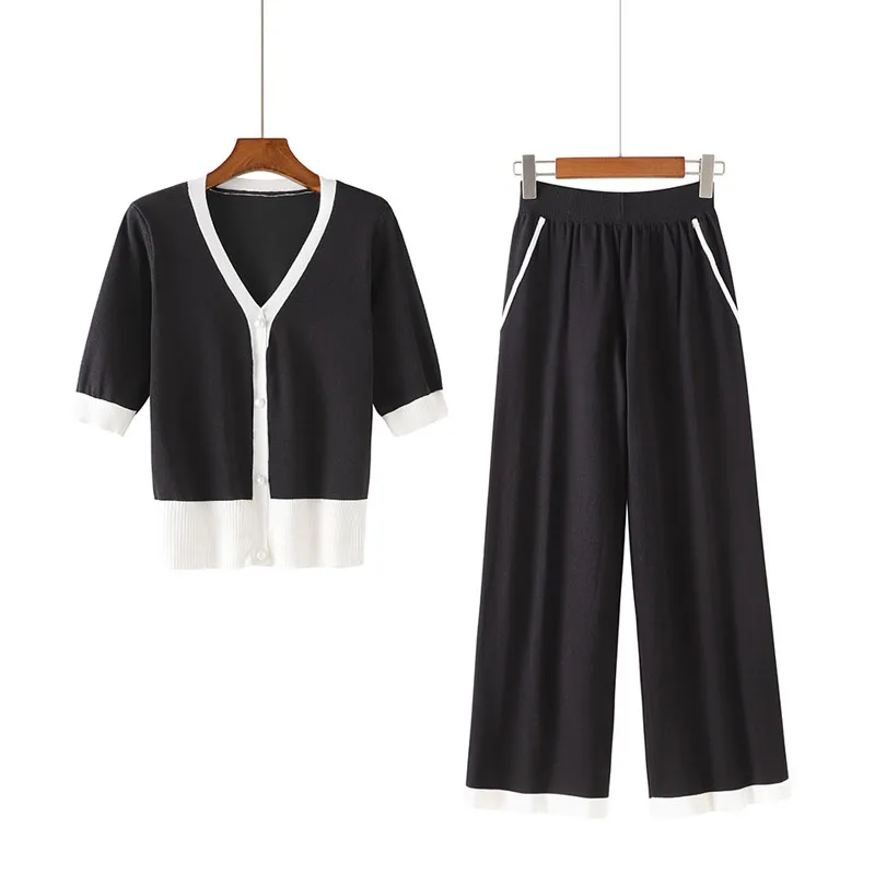 PERHAPS U Women V Neck Knitted Cardigan Short Sleeve Black Khaki Calf Length Pants Set Autumn Elastic T0136 |