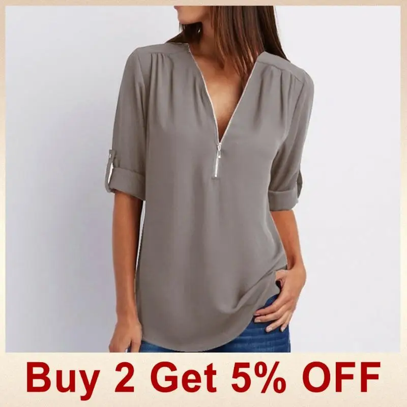 Женская Сексуальная Блузка, рубашки на молнии с v-образным вырезом, топы и блузки размера плюс, женская одежда, повседневные футболки, рубашки более размера d 5XL, roupa feminina