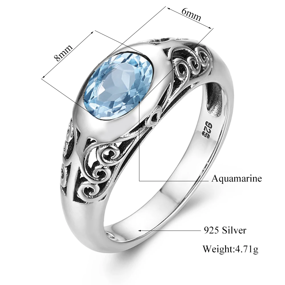 SzjinAo Blue Topaz Gemstone Finger Rings for Women March Birthstone Solid 925 Sterling Silver Ring Unique Luxury Fine Jewelry