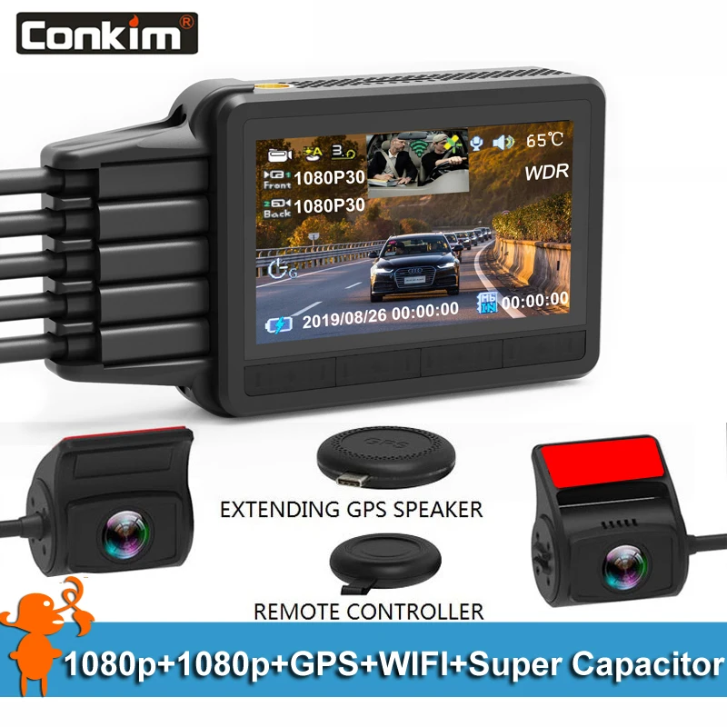 Видеорегистратор Conkim K2S с двумя объективами GPS WIFI DVR фронтальная камера 1080P FHD