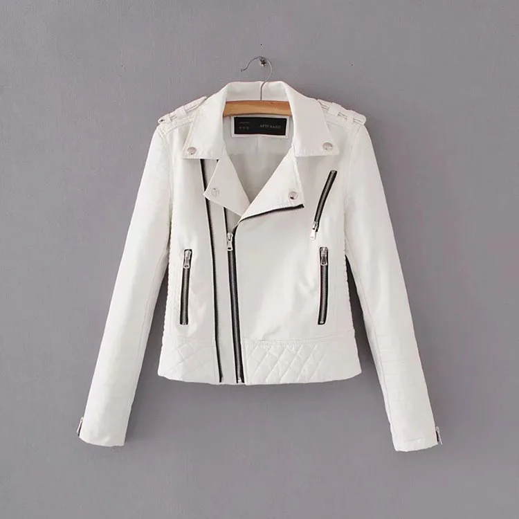 Женская кожаная куртка, мотоциклетные осенние куртки из мягкой искусственной кожи с длинным рукавом на молнии, белые/синие женские пальто PY42