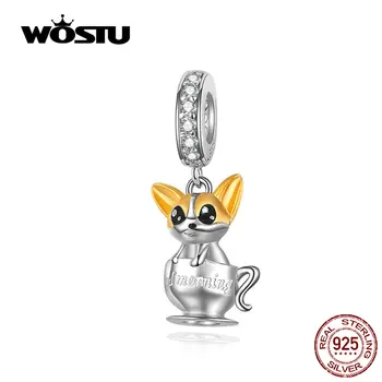 

WOSTU Good Morning Cat Dangle Charm 925 Sterling Silver Enamel Animal Beads Fit Original DIY Bracelet Jewelry Making CQC1214