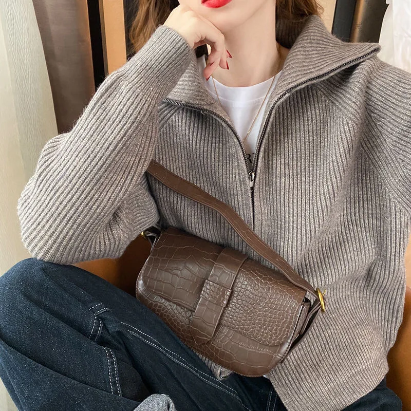 pink cardigan Women 2022 Sweater Autumn Winter Solid Simple Turtleneck Zipper Loose Warm All-match Knitted Femme Coat Sweater Tops Outwear cute sweaters Sweaters