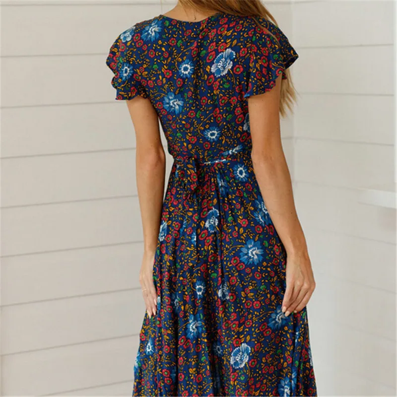 Летнее Длинное Платье макси с цветочным принтом Boho, женское сексуальное пляжное платье с v-образным вырезом, шикарное этническое вечернее платье