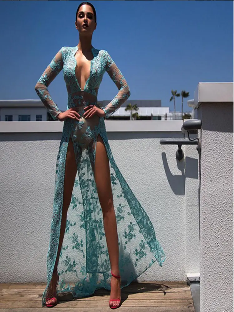 

Sexy See Through Lace Floral Deep V Neck High Split Swimsuit Cover Up Beach Dress Swimwear Women Beachwear Pareos Beach Outings