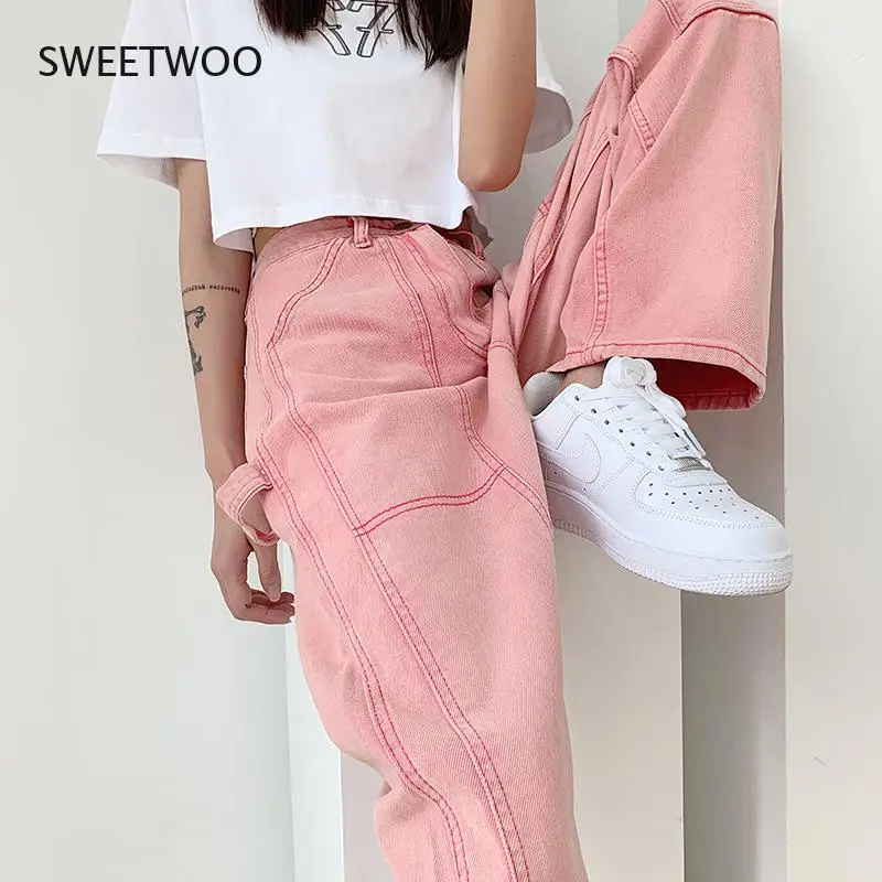 Женские джинсы розового цвета в Корейском стиле, тонкие свободные повседневные Прямые длинные брюки с высокой талией и широкими штанинами в стиле ретро, лето 2021
