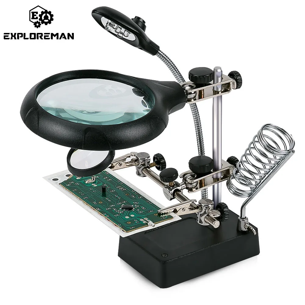 Lupa de soldadura con luz LED, lente auxiliar de 3.5X-12X, lupa de escritorio con Clip auxiliar, reparación de soldadura a tres manos