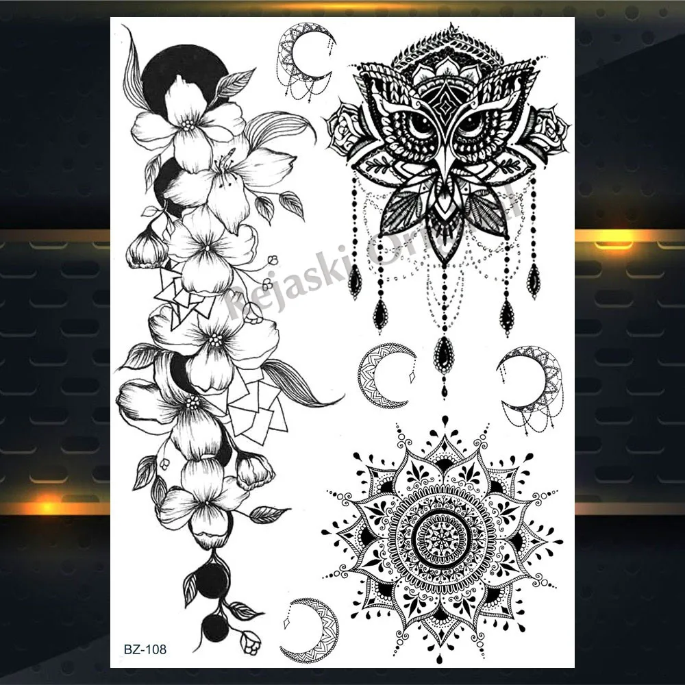 PBZ108 REJASKI черный серьги Henna Mandala цветок временные татуировки для Для женщин Стикеры пикантные водостойкие татуировки, боди-арт Arm талией, эксклюзивный дизайн татуировки - Цвет: PBZ108