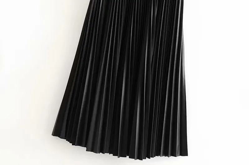 women black pleated PU leather skirts with belt ladies elegant streetwear retro female fashion office ladies maxi skirt