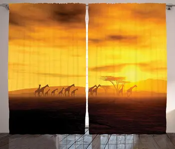 

Safari Curtains Giraffes at Sunset Dramatic Clouds Sky and Earth Horizon Wildlife Living Room Bedroom Window Drapes Marigold