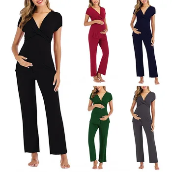 

Female Pregnant Pajamas Set Short Sleeve Solid Color Maternal Pregnancy Clothing Two-piece Homewear