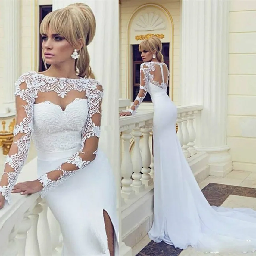 

Custom 2018 Sexy Fashion See through Back Vestido De Noiva Boat Neck Full Sleeve Lace bridal gown mother of the bride dresses