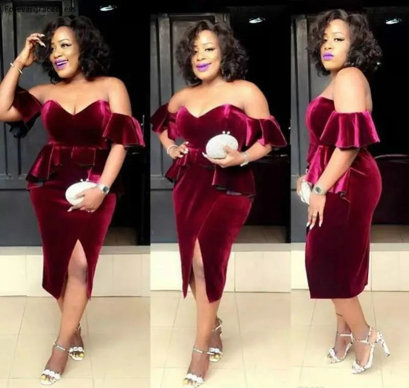 2018 African Burgundy Velvet Cocktail Dresses Sexy Off Shoulder Plus Size Prom Dress Formal Celebrity Party Gowns 109