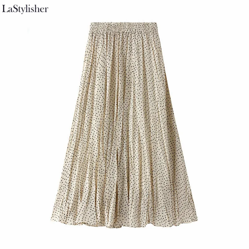apricot dot LaStylisher/бархатные теплые юбки для женщин; сезон осень-зима; юбка в горошек с цветочным рисунком; трапециевидные длинные женские плиссированные юбки; модная женская одежда - Цвет: apricot dot