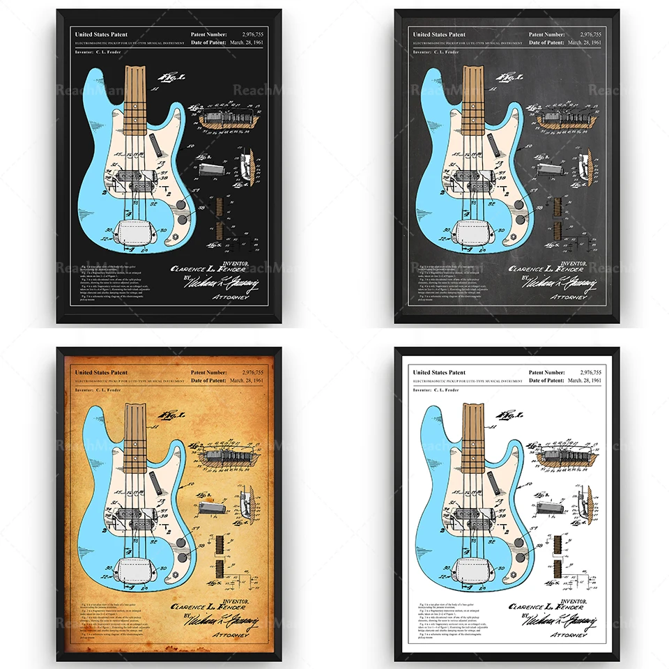 Fender Precision Bass Guitar 1961 Colorato Patent Print Wall Art Poster Blueprint Gifts
