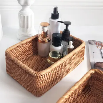 

Home Handmade Weaving Rattan Wicker Basket Portable Picnic Storage Box Kitchen SuppliesFruit Food Tray Bread Hand-knitted Case