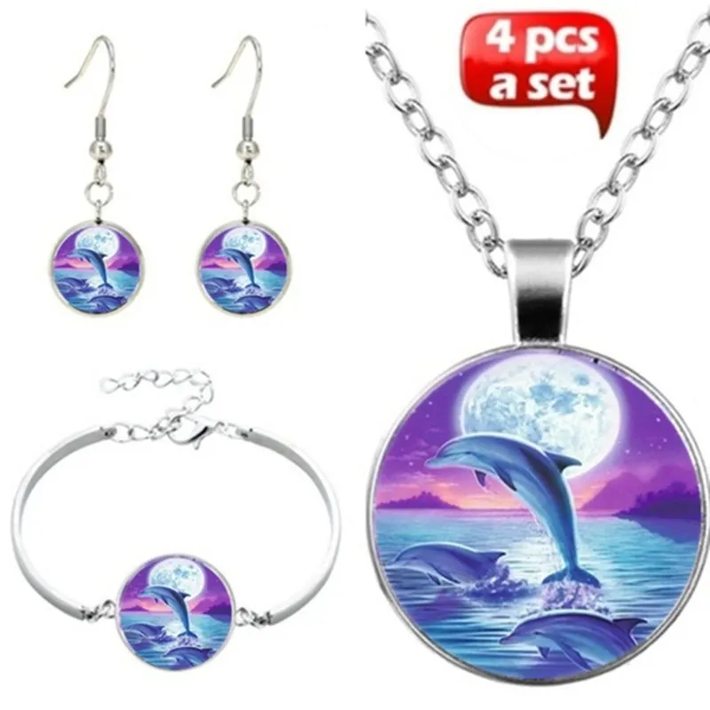 Модные подвески дельфин кабошон стеклянная подвеска цепочка ожерелье серьги