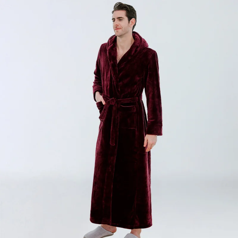 Men's Flannel Nightgown Hooded Long Thicken Bathrobe Warm Coral Fleece Home Set for Autumn and Winter Sleepwear