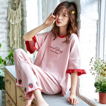 

Women Pajamas Set 100% Full Cotton Sleepwear for Ladies Suspender Short Top + Pants Pyjama Home Suit Women Nightwear Home Clothe