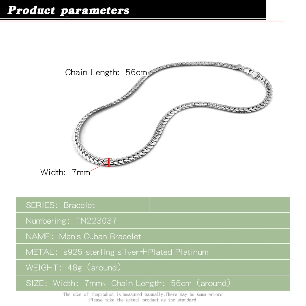 Width 7mm Genuine 100%925 Sterling Silver Flat Necklace Man 20/22 inches Snake Chain punk Curb Cuban Chain MenFine Jewelry Gift