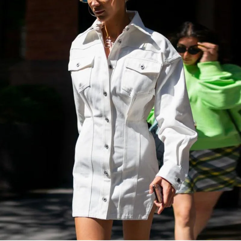 

TVVOVVIN Solid Color Lapel Long Sleeve Single-breasted Waist High Fork Loose Woman Denim Dress Simple Fashion 2019 Autumn F424