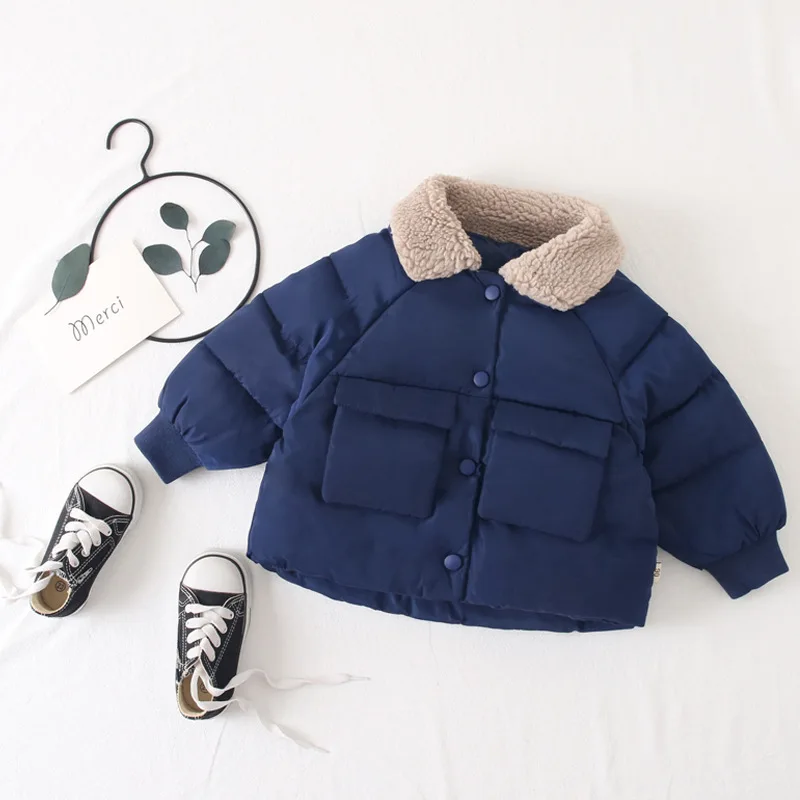 Children Coat Baby girls coats padded jackets winter Kids Warm lapel Outerwear Coat toddler Parker jacket Outerwear clothes - Цвет: Синий