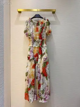 

2020 Runway Summer Fashion Dress Women Slash Neck Short Sleeves Floral Print Waist Elastic Long Popular Hot Holiday Dress